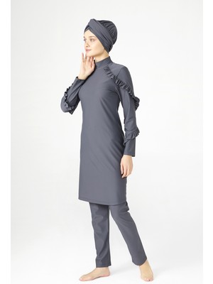 Adasea Fırfır Tasarım Likralı Tam Kapalı Tesettür Mayo Fırfır Adasea 4104 Gri