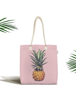 RealHomes Pembe Zeminli Ananas Tasarımlı Modern Fermuarlı Kumaş Omuz Çantası