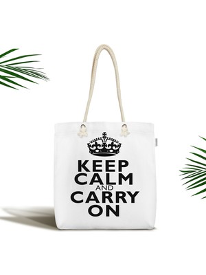 RealHomes Keep Calm And Carry On Dekoratif Fermuarlı Kumaş Plaj Çantası