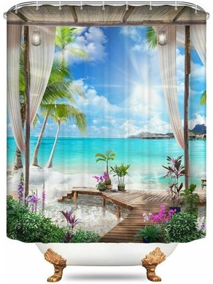 3D Sunny Beach Baskılı Duş Perdesi Set Deniz Manzarası Banyo Ekranı Su Geçirmez Banyo Perdeleri Kaymaz Banyo Mat Kaidal Halı (120 * 180 Cm) (Yurt Dışından)