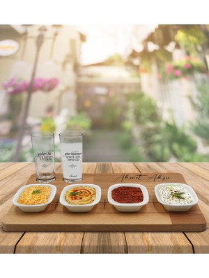 BK Kişiye Özel Yeter Ki Tasarımlı 2’li Rakı Bardağı ve Meze Tabaklı Doğal Masif Ahşap Servis Sunum Tepsisi Model 1