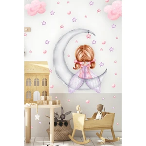 Ayda Oturan Sevimli Kız Çocuk Odası Duvar Sticker Seti Yıldız ve Puantiyeli