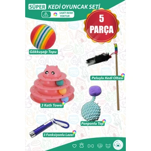 Ast Gross Pet Süper Kedi Oyuncak Seti Kedi Topu Kedi Oltası Kedi Lazer 3 Katlı Kedi Oyuncak Tower