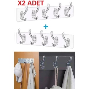 2 Adet Kendinden Yapışkanlı Güçlü Şeffaf 5 Bölümlü Askılık - Kapı Arkası Mutfak Duvar Banyo Seffaf Askı 2li Set