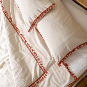 Keten Kiremit Ponponlu Çift Kişilik Battal Boy Nevresim Yastık Seti 240x260 cm