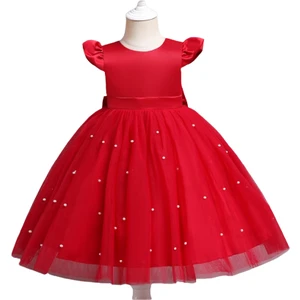 Kırmızı Prenses Elbise Fiyonk ve İnci Detaylı Özel Olaylar İçin Şık Kız Çocuk Stili