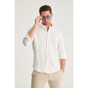 Slim Fit Beyaz Düğmeli Yaka %100 Pamuk Yazlık Flamlı Keten Görünümlü Gömlek 6HC02ORT63265