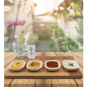 Kişiye Özel Çapa Tasarımlı 2’li Rakı Bardağı ve Meze Tabaklı Doğal Masif Ahşap Servis Sunum Tepsisi Model 1