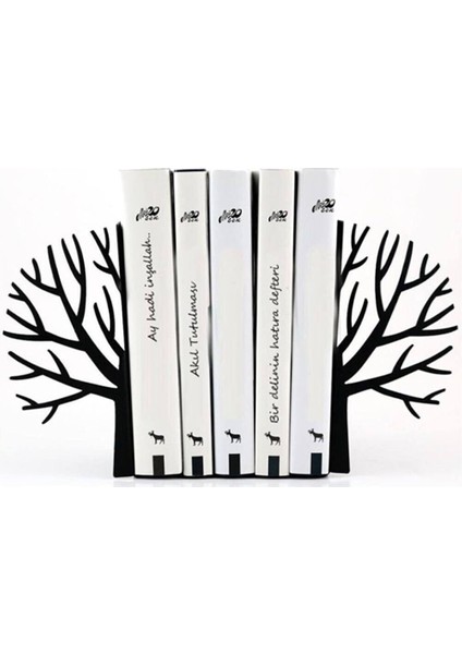 Ağaç Desenli Kitap Desteği - Ev ve Ofis Dekoratif Estetik Kitap Tutucu 2'li Set Siyah