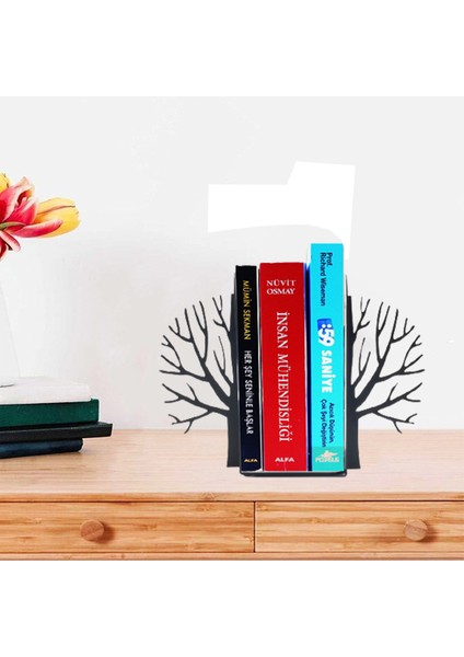 Ağaç Desenli Kitap Desteği - Ev ve Ofis Dekoratif Estetik Kitap Tutucu 2'li Set Siyah fiyatları
