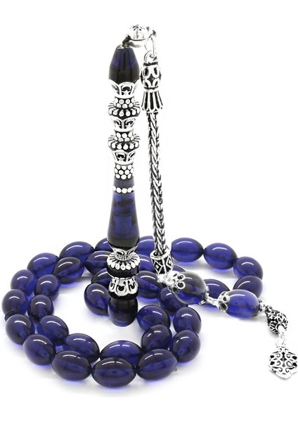 925 Ayar Gümüş Püsküllü Gümüş Minare Nakkaş Imameli Lacivert Sıkma Kehribar Tesbih fiyatları