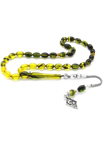 925 Ayar Gümüş Püsküllü Bilek Boy Süzme Sarı-Siyah Ateş Kehribar Tesbih