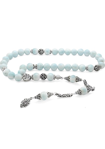 Kolleksiyonluk 925 Ayar Gümüş Püsküllü Larimar Doğaltaş Tesbih