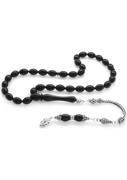 925 Ayar Gümüş Püsküllü Arpa Kesim Siyah Sıkma Kehribar Tesbih