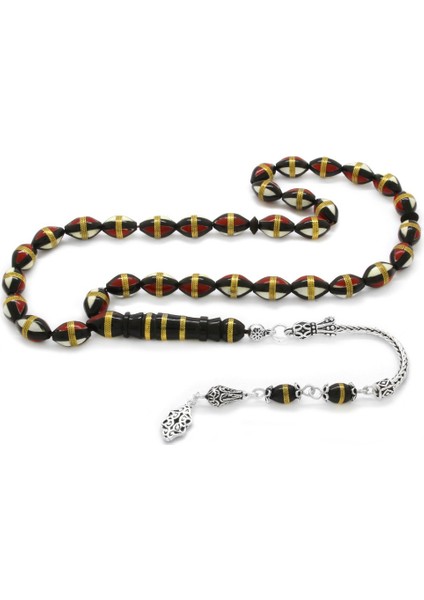 925 Ayar Gümüş Püsküllü Kırmızı-Beyaz Mine Dolgulu Pirinç Sarmal Arpa Kesim Kuka Tesbih