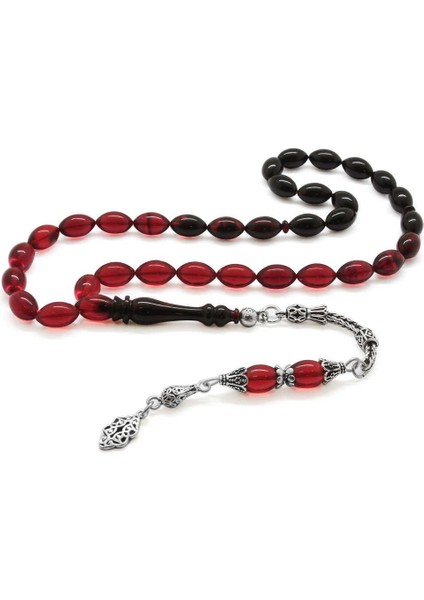 925 Ayar Gümüş Püsküllü Arpa Kesim Süzme Kırmızı-Siyah Ateş Kehribar Tesbih