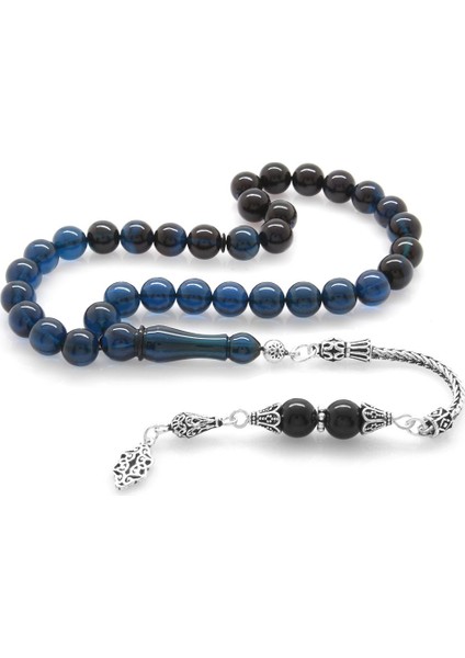 925 Ayar Gümüş Püsküllü Küre Kesim Süzme Mavi-Siyah Sıkma Kehribar Tesbih