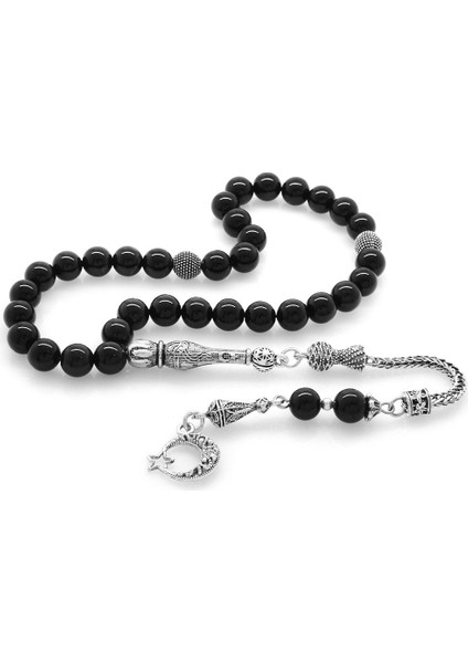 Kararmaz Metal Ayyıldız Püsküllü Küre Kesim Oniks Doğaltaş Tesbih