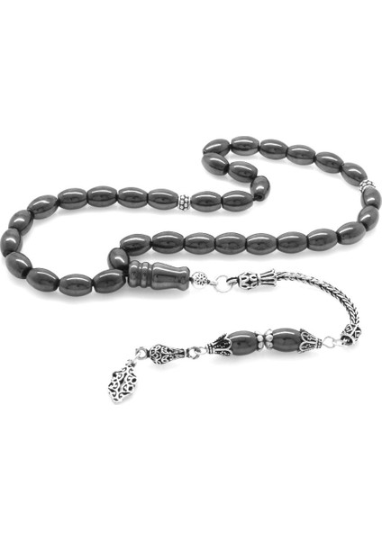 925 Ayar Gümüş Püsküllü Arpa Kesim Hematit Doğaltaş Tesbih