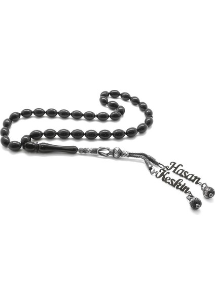 1000 Ayar Çift Kazaz Püsküllü Arpa Kesim Isim Yazılı Siyah Sıkma Kehribar Tesbih