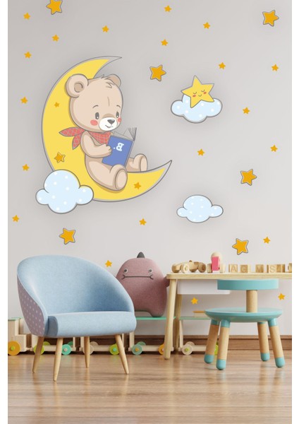 Ayda Kitap Okuyan Ayıcık Bulut ve Yıldızlar Çocuk Bebek Odası Sticker Seti fiyatları