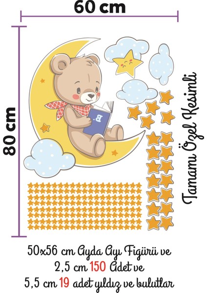 Ayda Kitap Okuyan Ayıcık Bulut ve Yıldızlar Çocuk Bebek Odası Sticker Seti modelleri