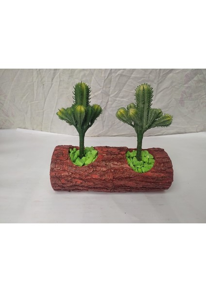 Pembe Ahşap Kütük Saksıda Yapay Çiçek Kaktüs 22 cm Kf1