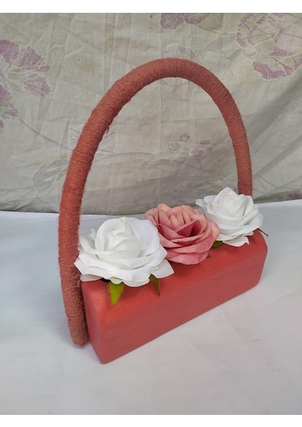 Halatlı Ahşap Meşe Ağacı Pembe Saksıda Yapay Çiçek Dg1