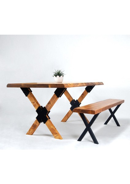 Doğal Ağaç Masif Kütük Masa ( Ağaç Ayak ) 90CM x 180CM + 1 Bank Bench