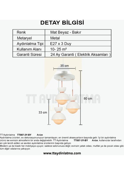 TT007-3Y By Tt Aydınlatma Mat Beyaz 3 Lü Yuvarlak Lüks Avize