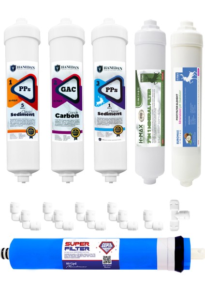 H-MAX Reverse Osmosis System H-MAX Süper Sarım Membranlı Kapalı Kasa Tüm Su Arıtma Cihazlarına Uyumlu 6'li Filtre Takımı