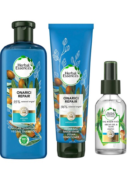 Vegan Şampuan Onarıcı Argan Yağı 400 ml + Saç Bakım Kremi 275 ml + Sprey Yağ 100 ml