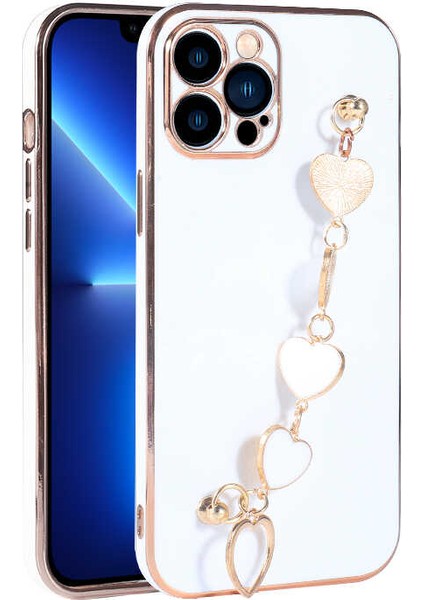 Iphone 12 Pro Max Uyumlu Kılıf Kamera Korumalı Parlak Gold Kenar Kalpli Arka Tutamaklı Kapak Kılıf Arka Askılı