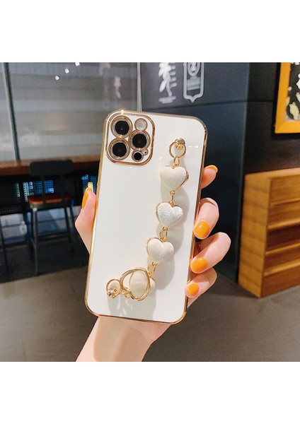 Iphone 12 Pro Max Uyumlu Kılıf Kamera Korumalı Parlak Gold Kenar Kalpli Arka Tutamaklı Kapak Kılıf Arka Askılı