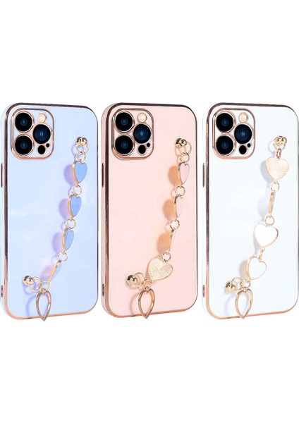 Iphone 12 Pro Max Uyumlu Kılıf Kamera Korumalı Parlak Gold Kenar Kalpli Arka Tutamaklı Kapak Kılıf Arka Askılı