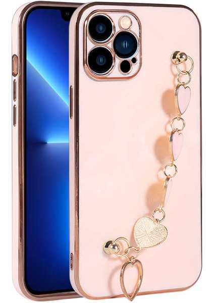 Iphone 13 Pro Uyumlu Kılıf Kamera Korumalı Parlak Gold Kenar Kalpli Arka Tutamaklı Kapak Arka Tutmaçlı