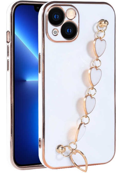 Iphone 13 6.1inç Uyumlu Kılıf Kamera Korumalı Parlak Gold Kenar Kalpli Arka Tutamaklı Kapak
