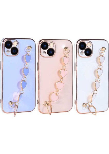 Iphone 13 6.1inç Uyumlu Kılıf Kamera Korumalı Parlak Gold Kenar Kalpli Arka Tutamaklı Kapak modelleri