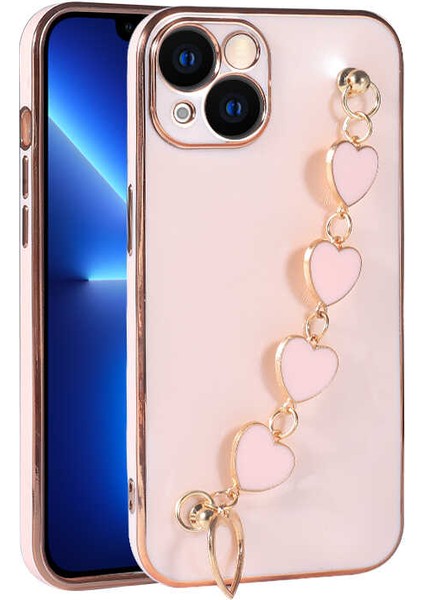 Iphone 13 6.1inç Uyumlu Kılıf Kamera Korumalı Parlak Gold Kenar Kalpli Arka Tutamaklı Kapak fırsatları