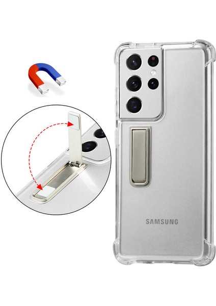 Samsung Galaxy S21 Ultra Kılıf Standlı Şeffaf Hibrit Silikon Case