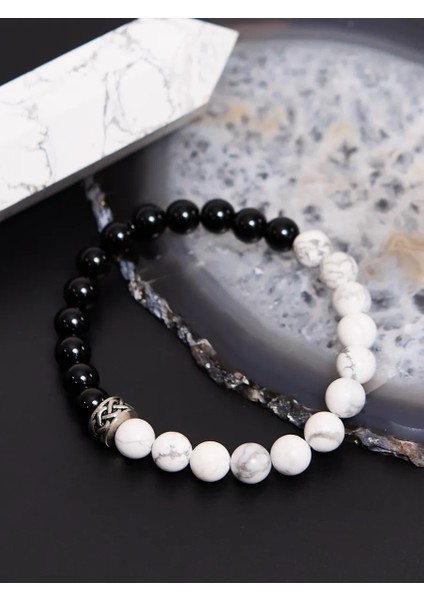 Unisex Siyah Beyaz Tasarım Doğal Taş Bileklik Jade ve Oniks