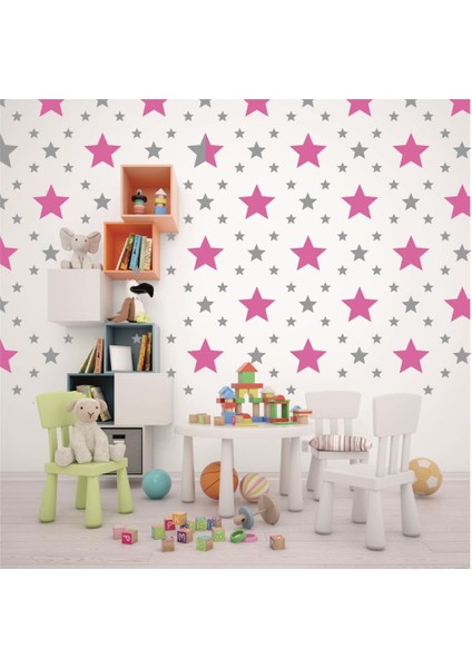 Lizpo Decor Gri-Pembe Yıldız Duvar Çocuk Odası Sticker Dekorasyon 3-4-5 cm 130 Adet