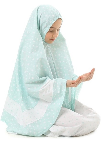 Kız Çocuk Namaz Elbisesi Mint Rengi Yıldız Baskılı Kemer Desenli modelleri