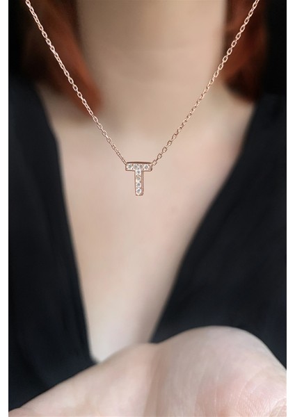 925 Ayar Zirkon Taşlı Rose Minimal T Hafli Kolye Uzunluk 42 cm modelleri