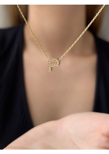 925 Ayar Zirkon Taşlı Gold Minimal P Hafli Kolye Uzunluk 42 cm