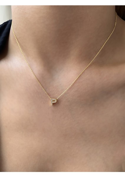 925 Ayar Zirkon Taşlı Gold Minimal P Hafli Kolye Uzunluk 42 cm modelleri