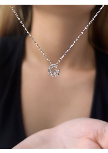 925 Ayar Zirkon Taşlı Silver Minimal G Hafli Kolye Uzunluk 42 cm