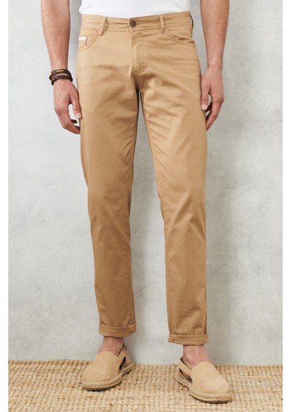 Erkek Camel Slim Fit Dar Kesim 5 Cep Esnek Chino Pantolon