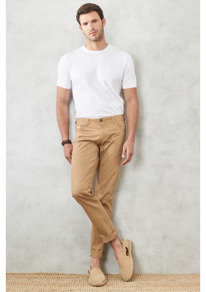 Erkek Camel Slim Fit Dar Kesim 5 Cep Esnek Chino Pantolon