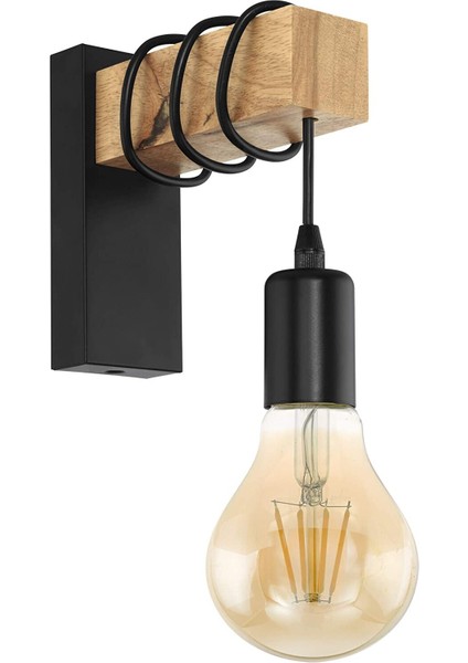 Eglo Townshend Wall Light, 1-Alevli Vintage Duvar Işık Endüstriyel Tasarımlı, Çelik ve Ahşaptan Retro Işık, Renk: Siyah, Kahverengi, S (Yurt Dışından)